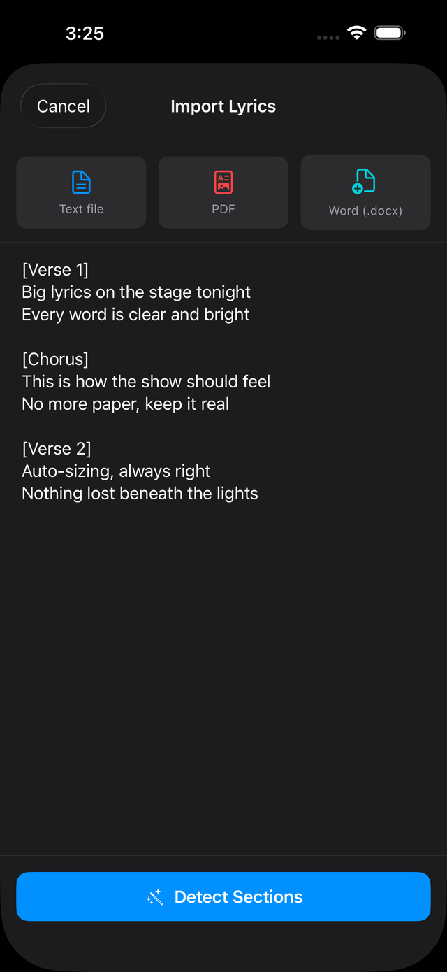 Stage Lyrics import lyrics screen