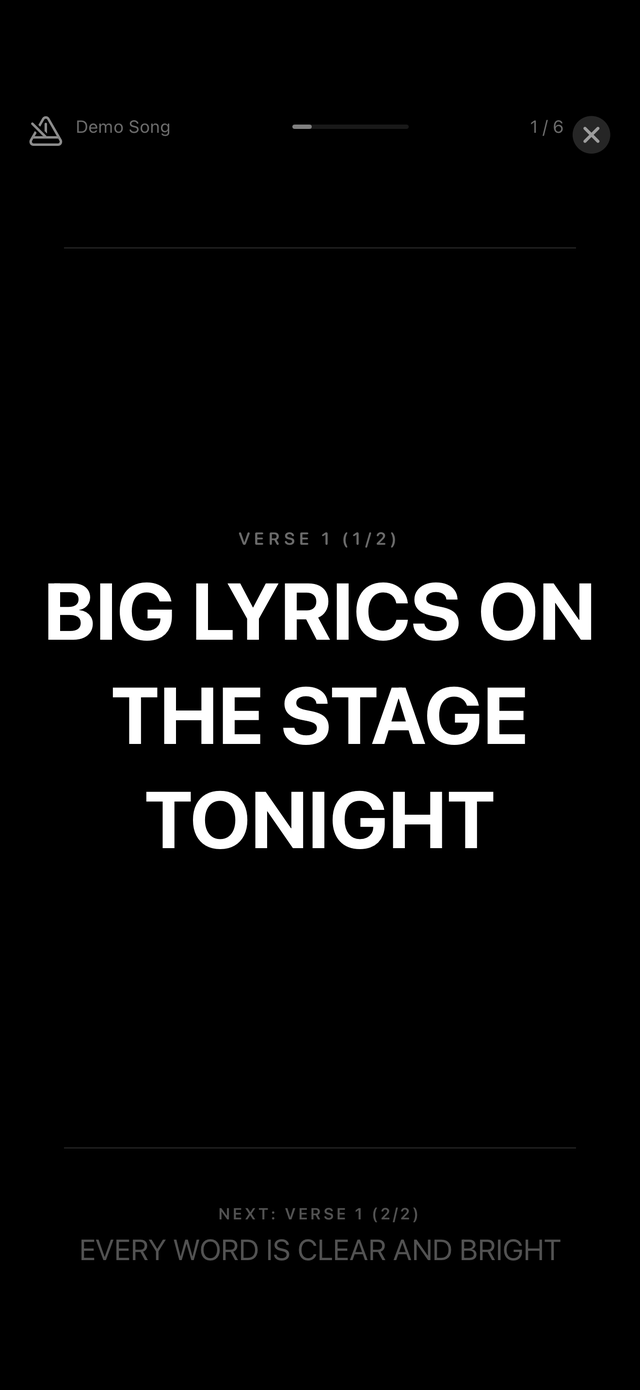 Stage Lyrics performance mode showing large auto-sizing lyrics on stage