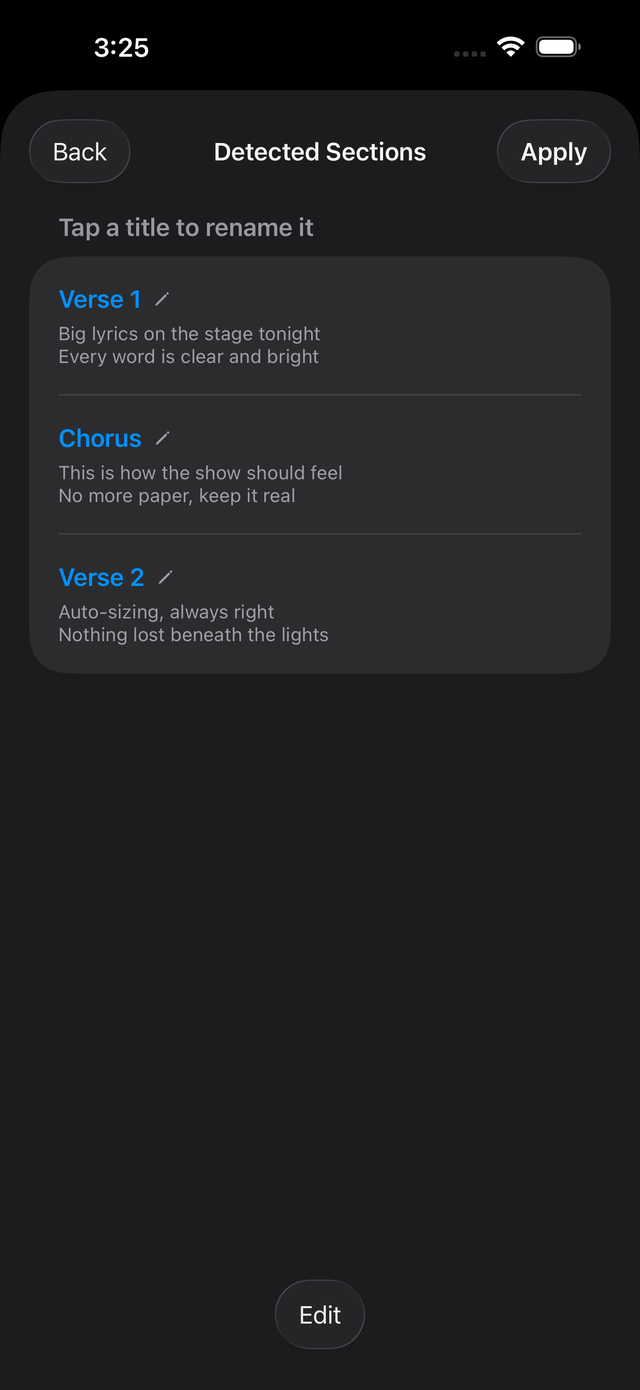 Stage Lyrics automatically detected song sections
