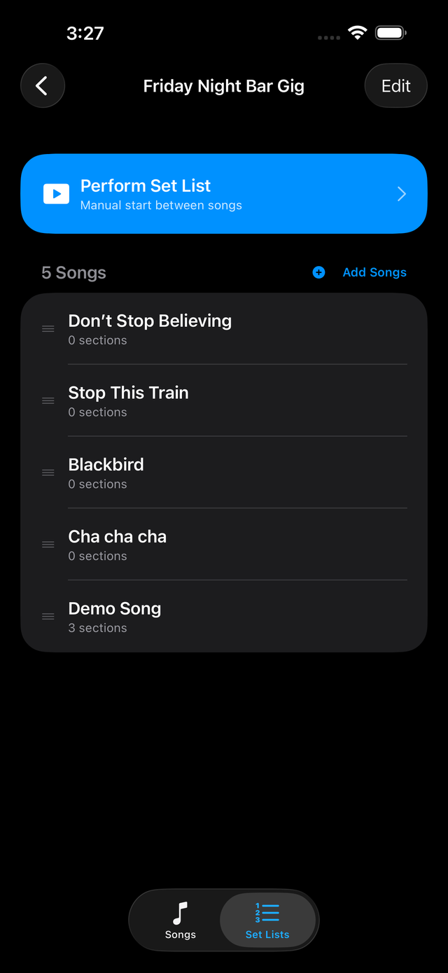 Stage Lyrics set list screen with songs ready to perform